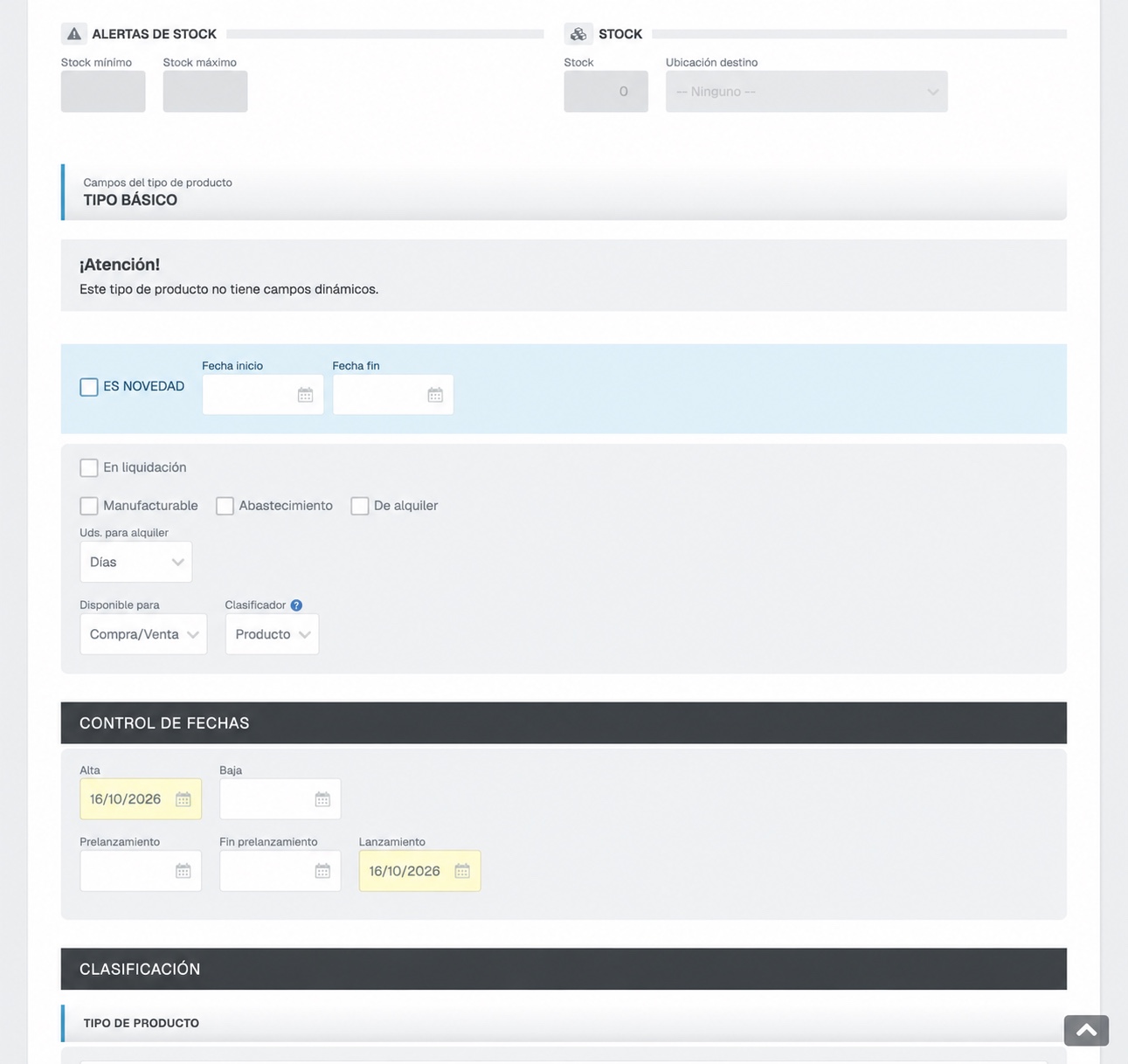 Ficha de producto de GESIO con casilla De alquiler y selector Uds. para alquiler en días