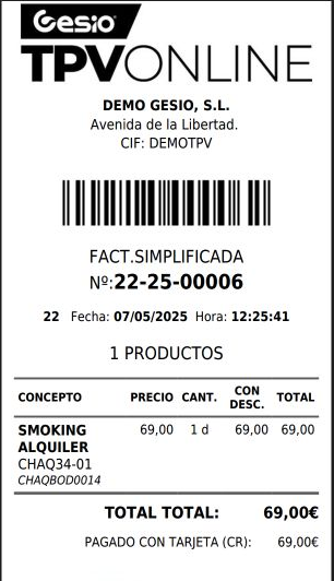 Ticket de alquiler con artículo, número de serie, duración de un día e importe de 69 euros