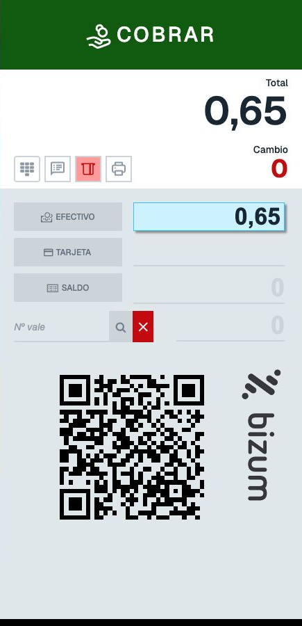 Panel de pago con EFECTIVO seleccionado, total de 0,65 euros, cambio cero y botón COBRAR