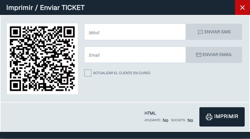 Ventana Imprimir / Enviar TICKET con el botón IMPRIMIR y el código QR completo