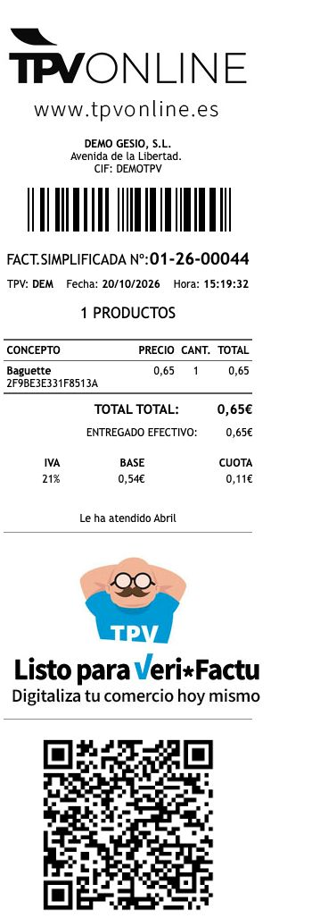Comprobante completo del ticket 01-26-00044, una Baguette por 0,65 euros, pago en efectivo, código de barras y QR completos
