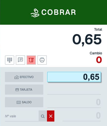Panel de cobro con EFECTIVO, total de 0,65 euros, cambio cero y botón COBRAR