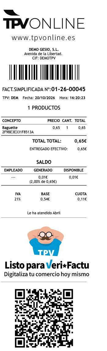 Comprobante completo del ticket 01-26-00045 con Baguette, total de 0,65 euros, código de barras y QR completos
