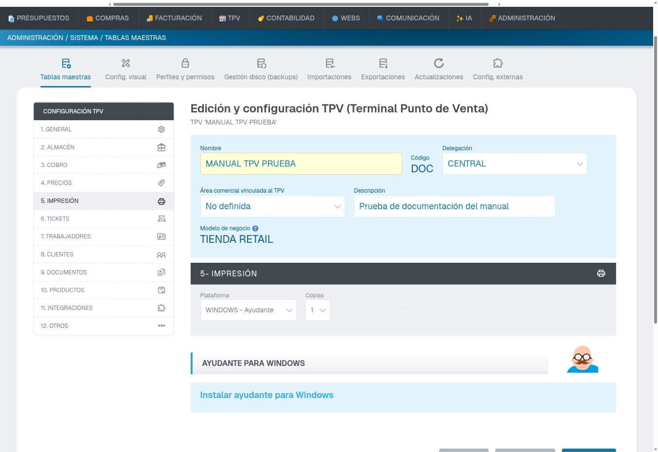 Captura real del terminal de prueba: Plataforma WINDOWS - Ayudante y enlace Instalar ayudante para Windows