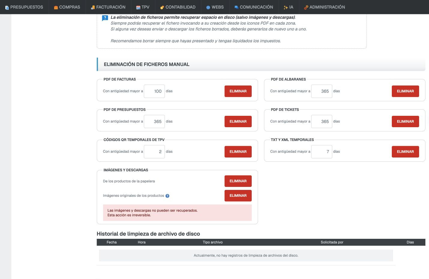 Opciones de limpieza manual: PDF, códigos QR, archivos temporales e imágenes; aviso rojo de eliminación irreversible y tabla de historial