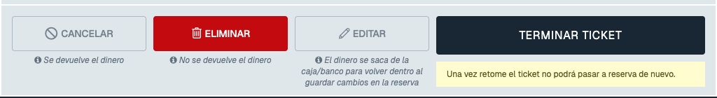 Parte inferior de Retomar reserva con el botón TERMINAR TICKET y su aviso