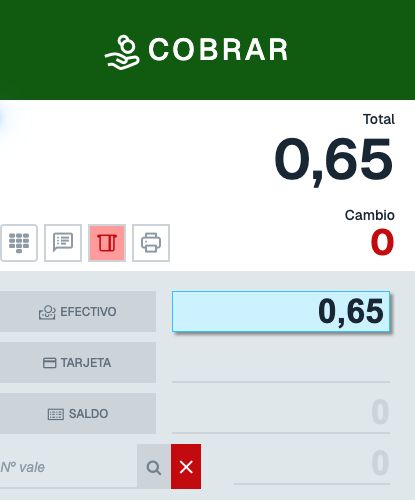 Panel COBRAR con total de 0,65 euros, efectivo de 0,65 euros y cambio cero