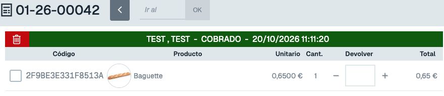 Ticket de demostración con número, producto y estado COBRADO