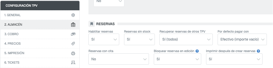 Configuración TPV en 2. ALMACÉN con Habilitar reservas en Sí