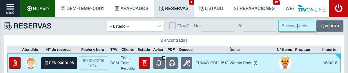 Pestaña RESERVAS con número de reserva, cliente, artículo e importe