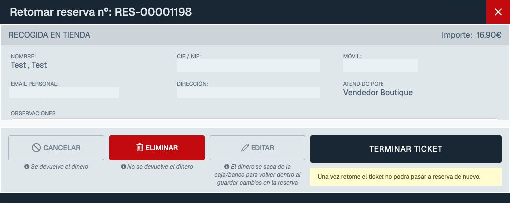 Ventana Retomar reserva con el botón TERMINAR TICKET