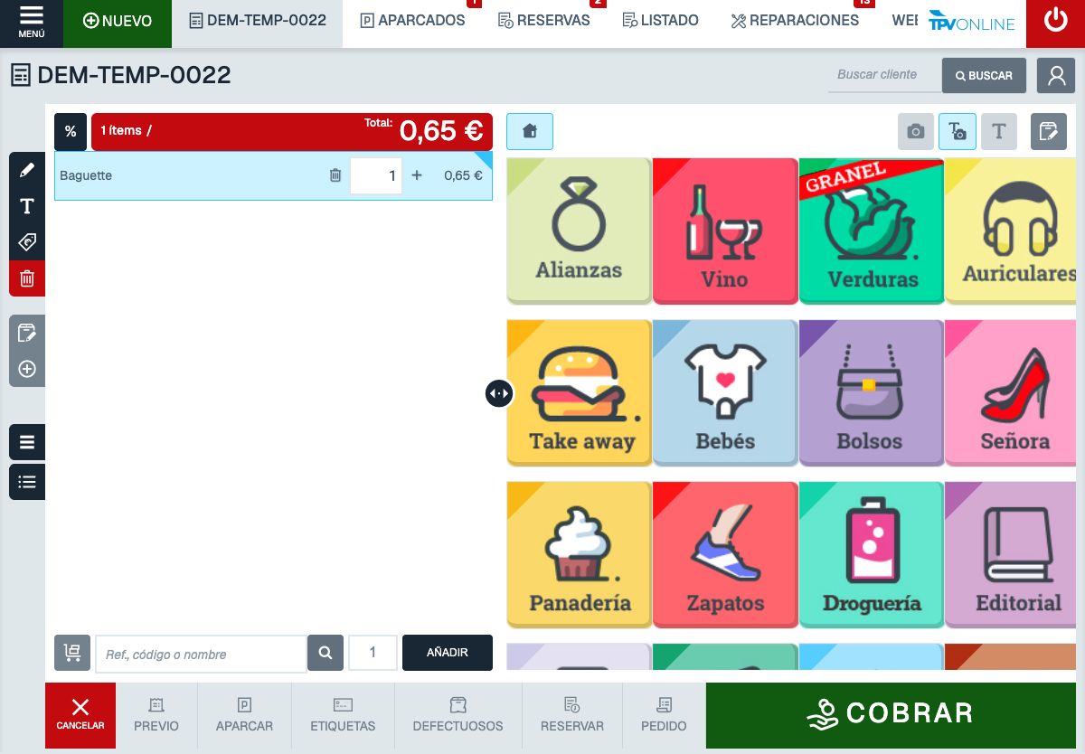 Vista completa del TPV con ticket temporal, producto Baguette y botón RESERVAR en la barra inferior
