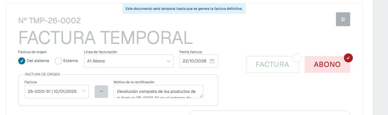 Factura de origen y campo Motivo de la rectificación con texto de prueba