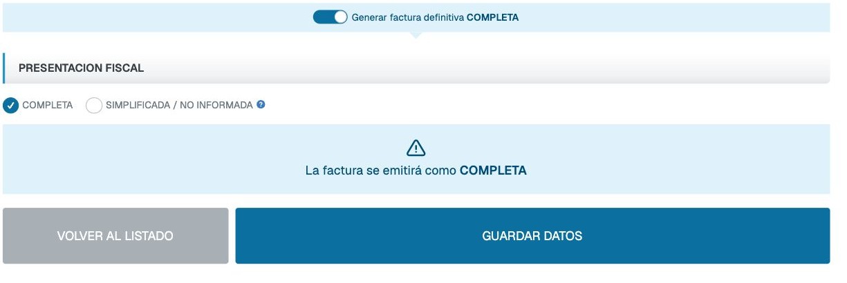 Control Generar factura definitiva COMPLETA activado y botón GUARDAR DATOS