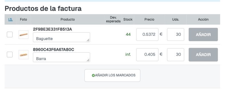 Productos de la factura con casillas, unidades y botón Añadir los marcados