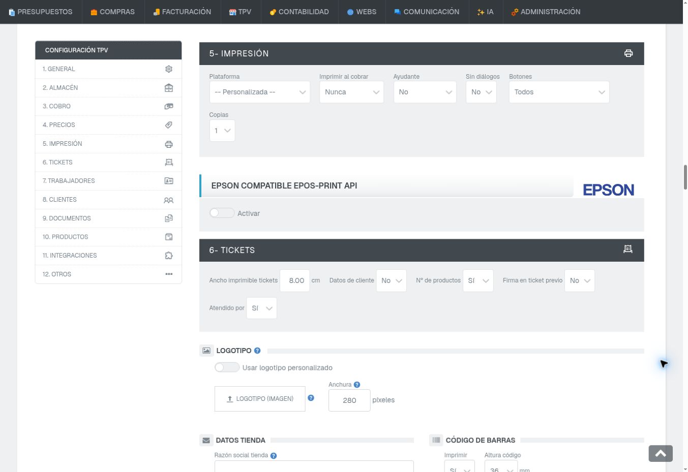 Captura real de la ficha TPV: sección 5 Impresión y conmutador Activar de Epson compatible ePOS-Print API
