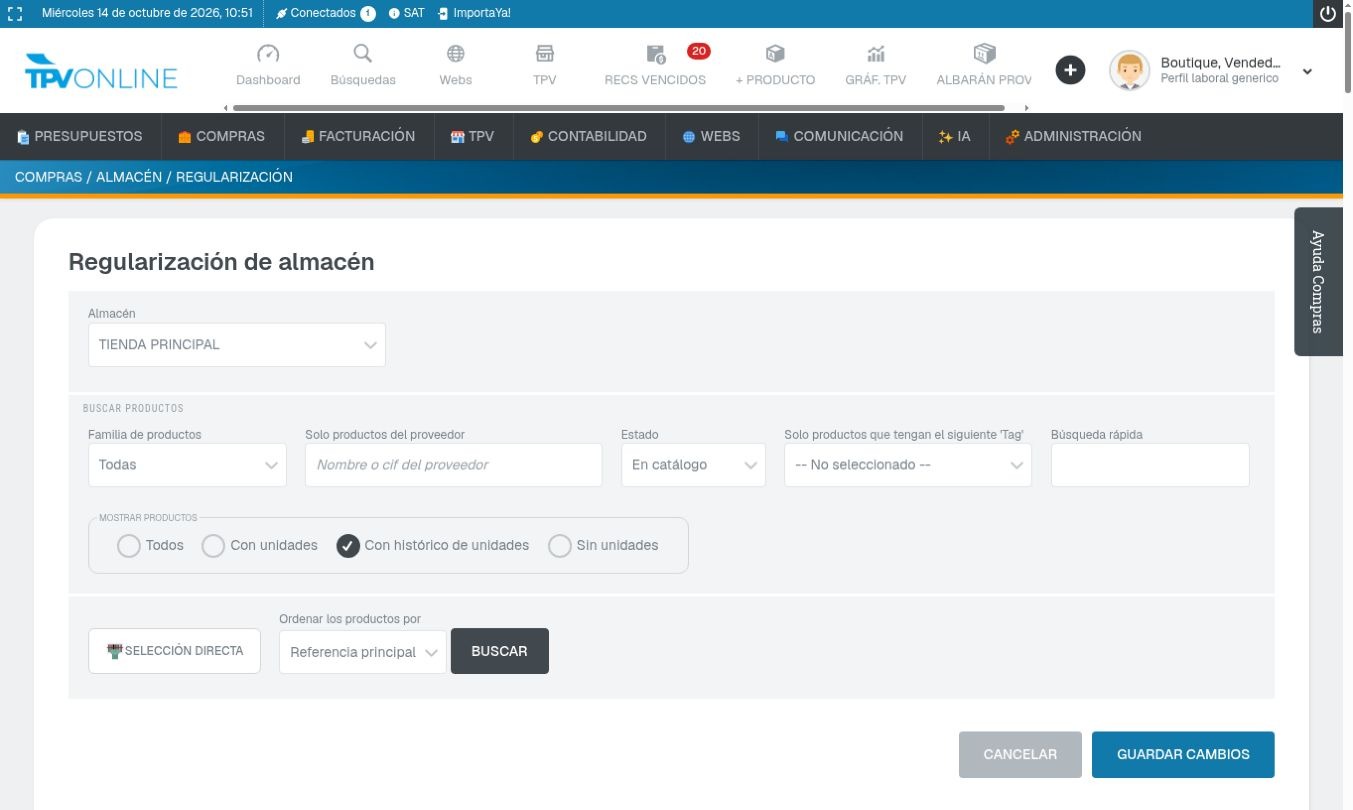 Filtros de productos tras seleccionar TIENDA PRINCIPAL, incluida Búsqueda rápida y el botón Buscar
