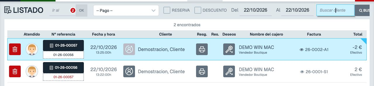 Listado del TPV con el campo Ir al y el botón Ok señalados