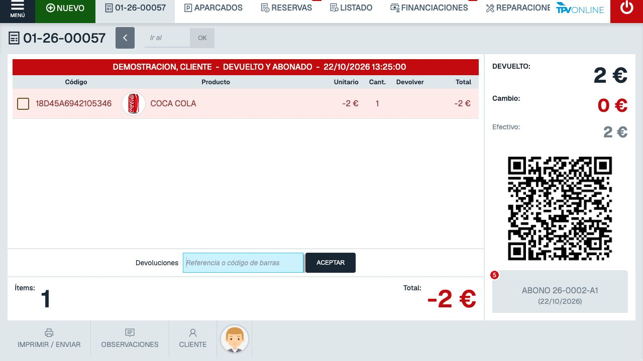 Ticket devuelto y abonado con el cliente de demostración, el importe y la referencia de abono