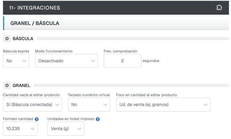 Configuración Granel y báscula del TPV con modo de lectura, frecuencia, foco, formato y unidades del ticket