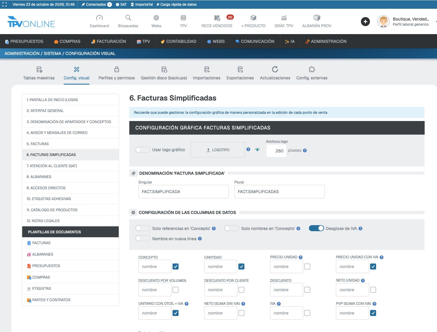Configuración visual de facturas simplificadas con campos de nombre de columnas y opción Desglose de IVA