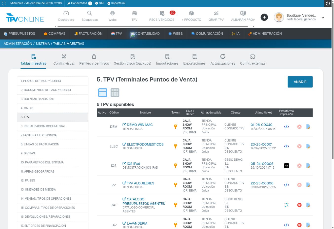 Listado de terminales TPV en Administración; el anillo señala el icono de edición en una fila de ejemplo