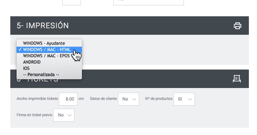 Desplegable Plataforma del apartado 5- Impresión con WINDOWS / MAC - HTML seleccionado