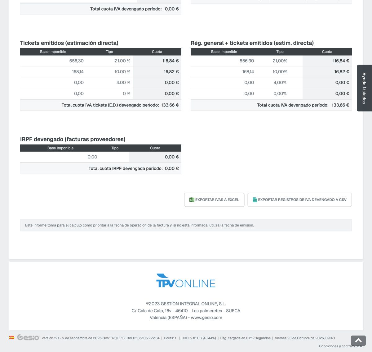 Opciones de exportación a Excel y CSV al final del informe de impuestos devengados