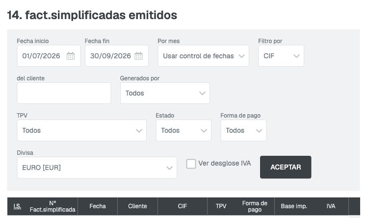 Informe de facturas simplificadas emitidas con fechas del 1 de julio al 30 de septiembre de 2026