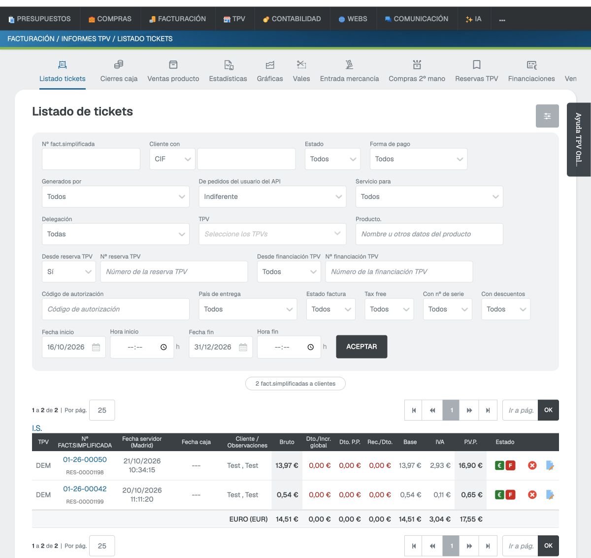 Filtro Desde reserva TPV seleccionado en Sí en el listado de tickets