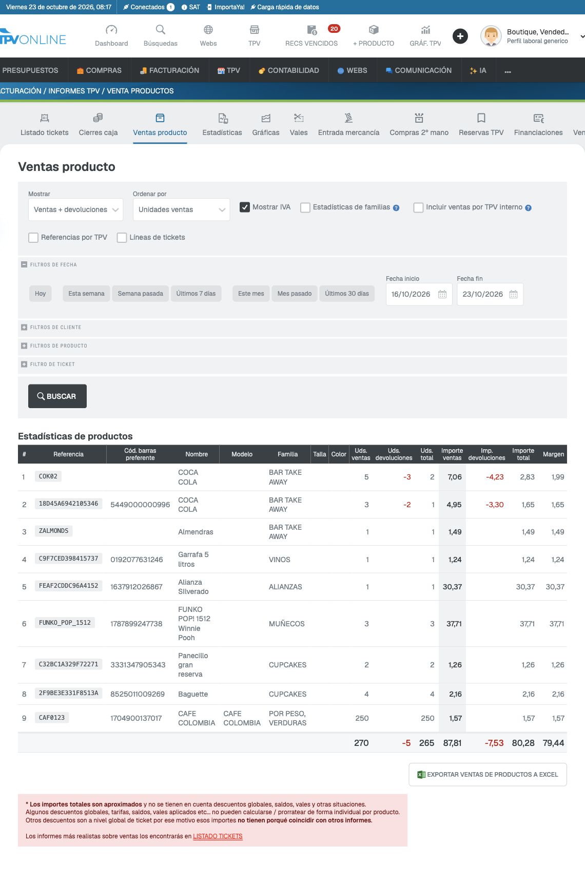 Informe Ventas producto con opciones de mostrar, ordenar, fechas, resultados y exportación