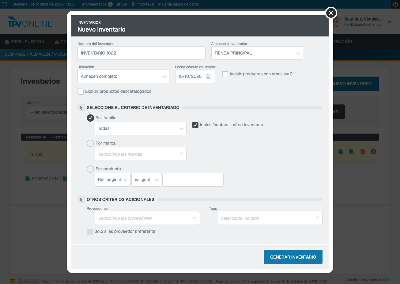 Formulario Nuevo inventario con nombre, tienda principal, fecha, criterios y botón Generar inventario