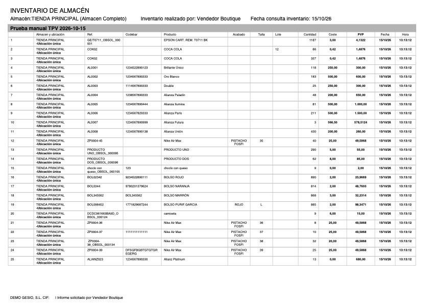 Primera página del PDF generado: cabecera del inventario y tabla de productos con cantidades, coste y PVP