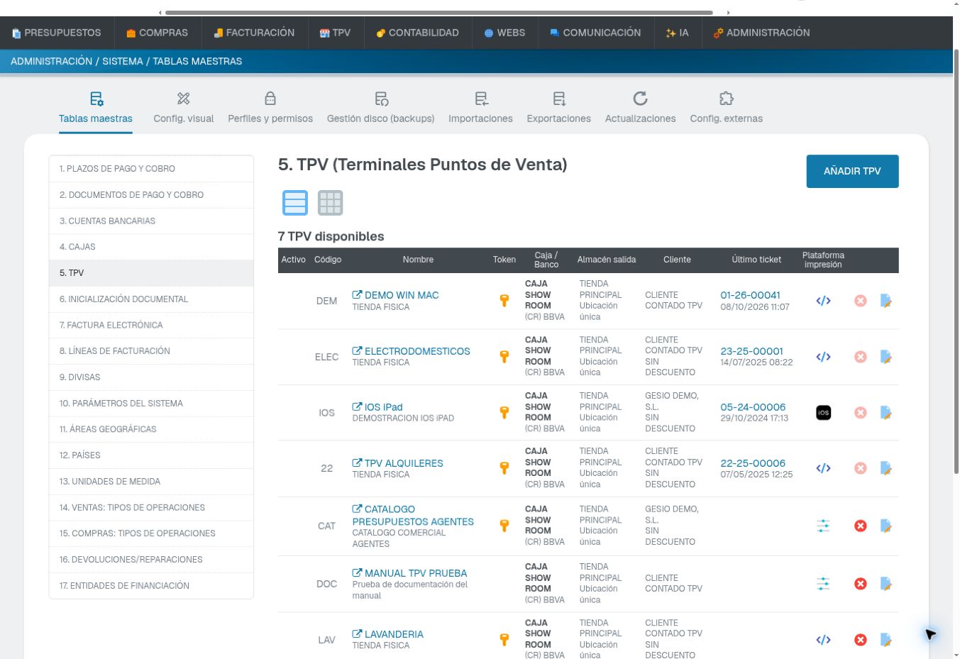 Listado de terminales TPV en Administración, con el icono de editar de MANUAL TPV PRUEBA a la derecha