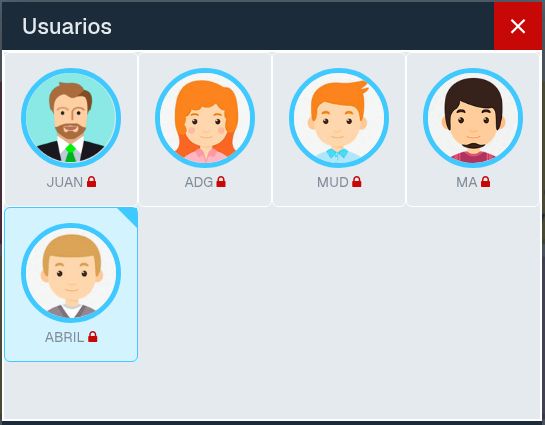 Ventana Usuarios con cinco trabajadores de demostración y candados