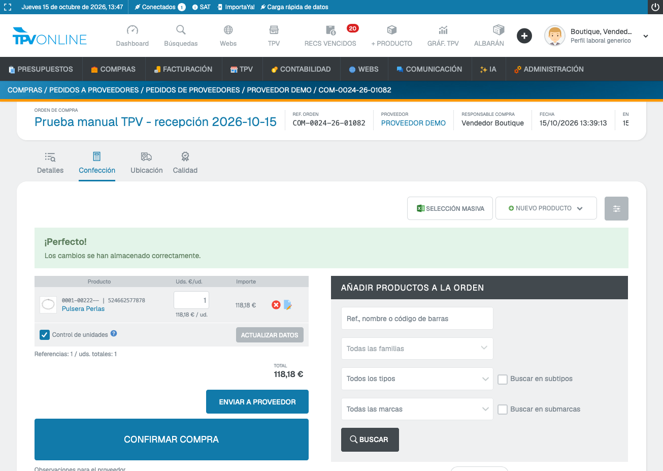 Cesta de una orden de prueba con una línea y sus unidades, precio y total