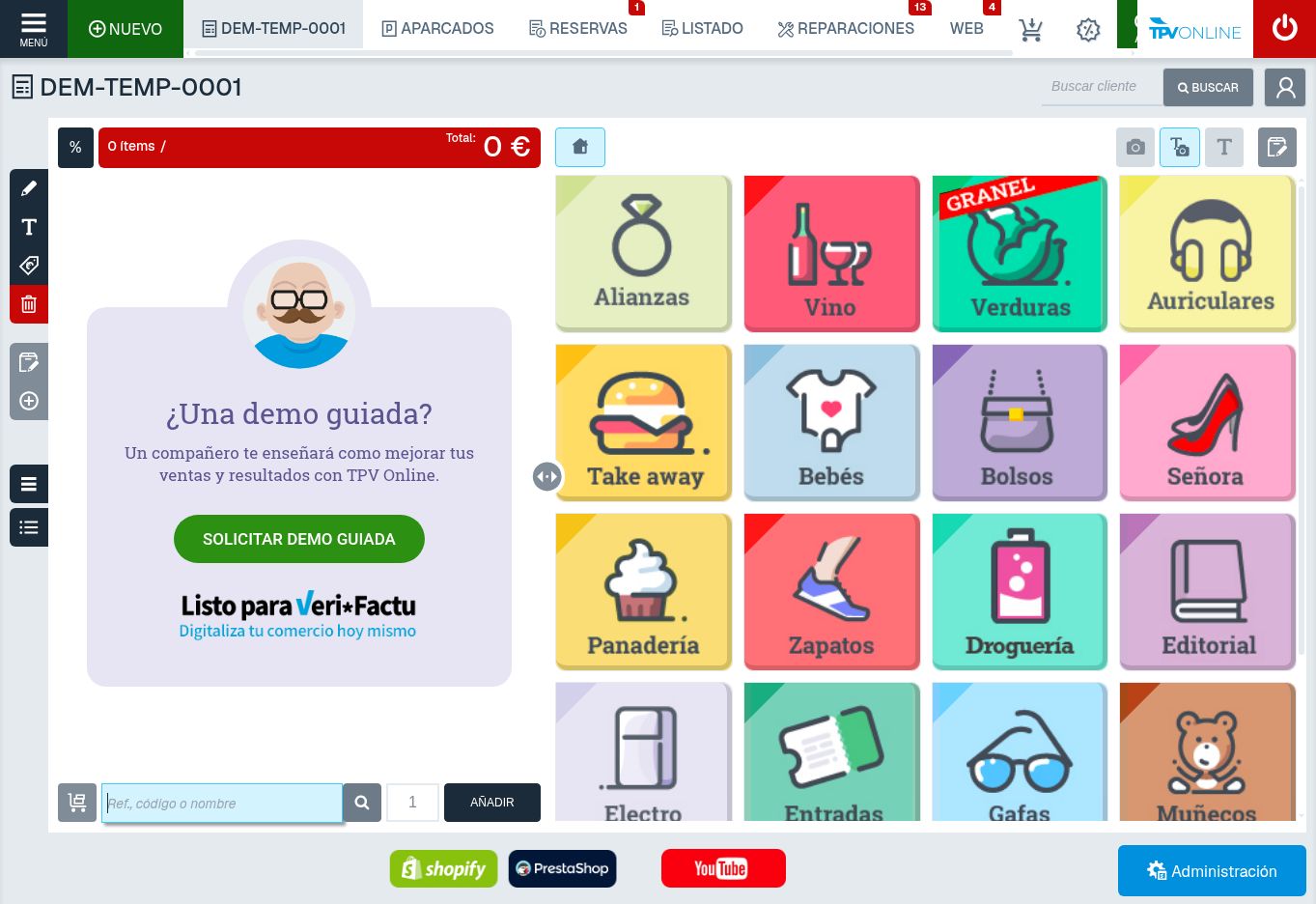 Pantalla de venta del TPV: el botón más está resaltado en la barra izquierda, debajo de editar producto