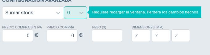 Ficha de producto existente con Sumar stock y cantidad cero
