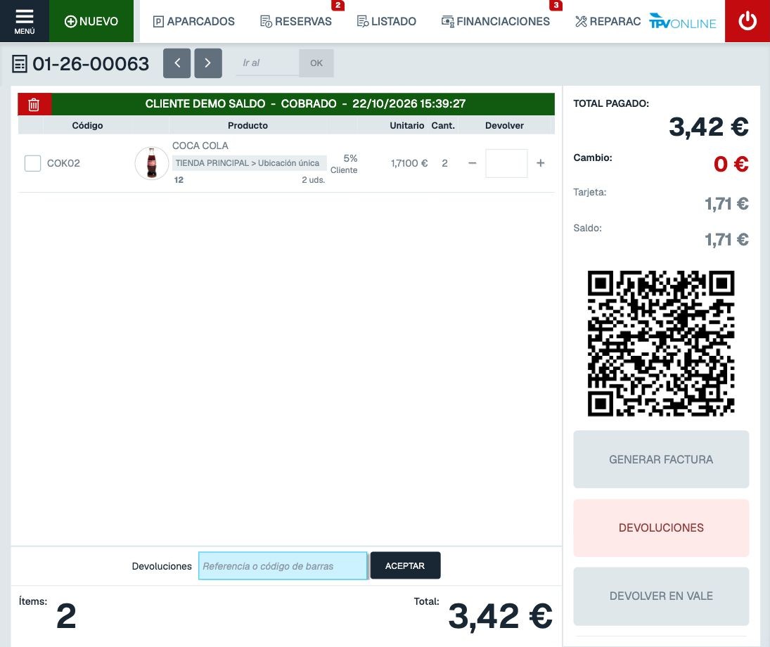 Vista amplia del ticket 01-26-00063 con 1,71 euros pagados con Tarjeta y 1,71 euros con Saldo, más el QR completo