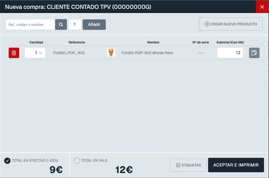 Nueva compra con una unidad del FUNKO POP! 1512, subtotal de 12 euros, Total en efectivo seleccionado por 9 euros y botón ACEPTAR E IMPRIMIR