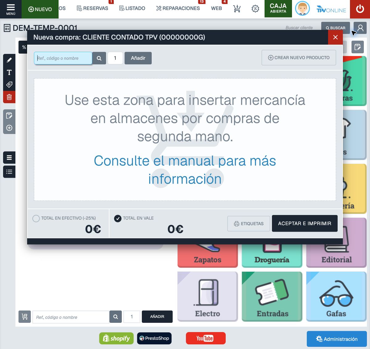 Pantalla Nueva compra con búsqueda de producto, cantidad, creación de producto y opciones de pago