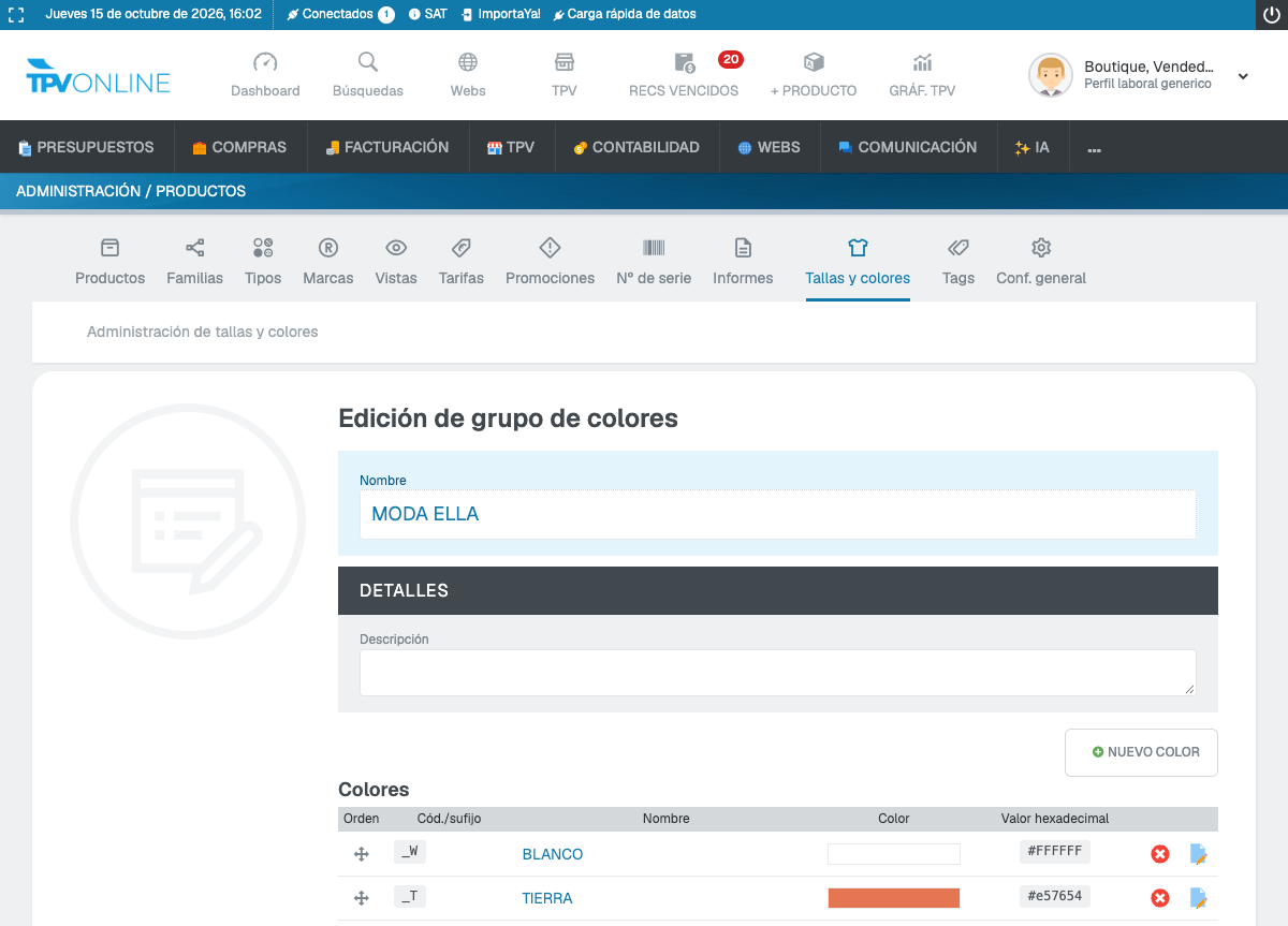 Grupo de colores con Blanco y Tierra, sus sufijos, muestras y botón Nuevo color
