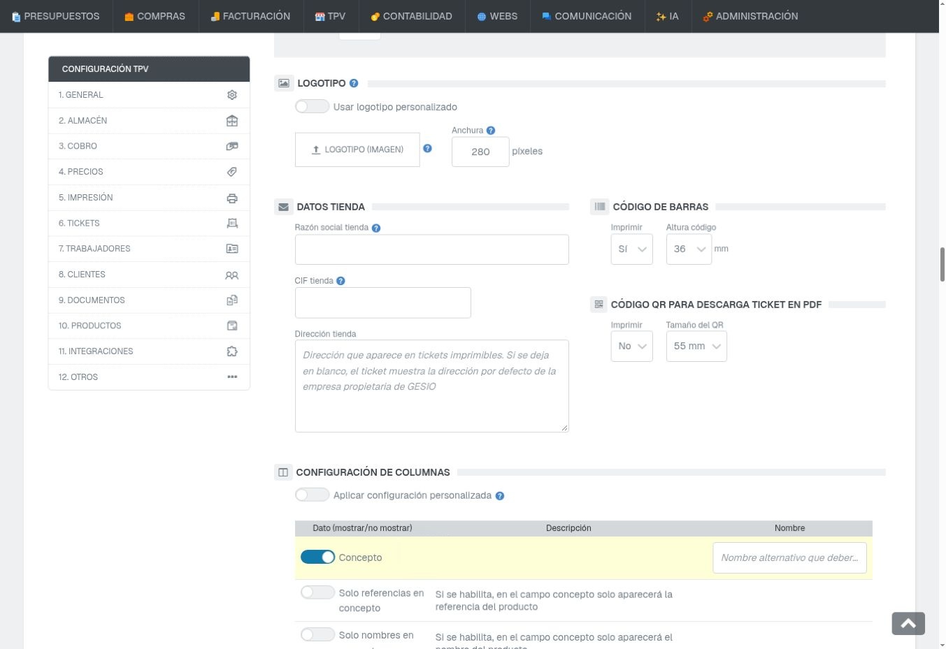 Captura real del logotipo, datos de tienda, código de barras, QR y comienzo de configuración de columnas